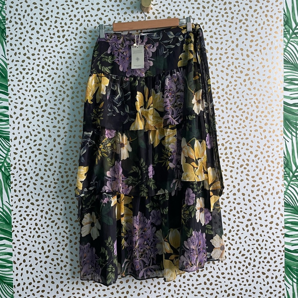 NWT Mango Flowy Floral Tiered printed skirt Midi Belted Chiffon Ruffle - Picture 9 of 12